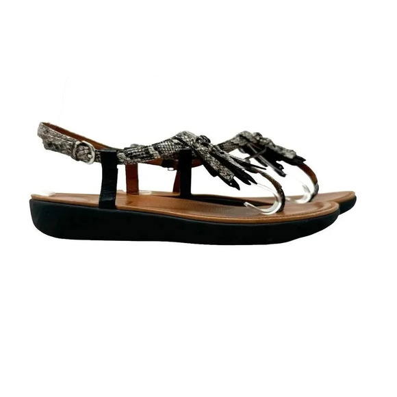Fitflop Womens Tia Sandals size 8 black leather & Python fringe thongs - Picture 6 of 12
